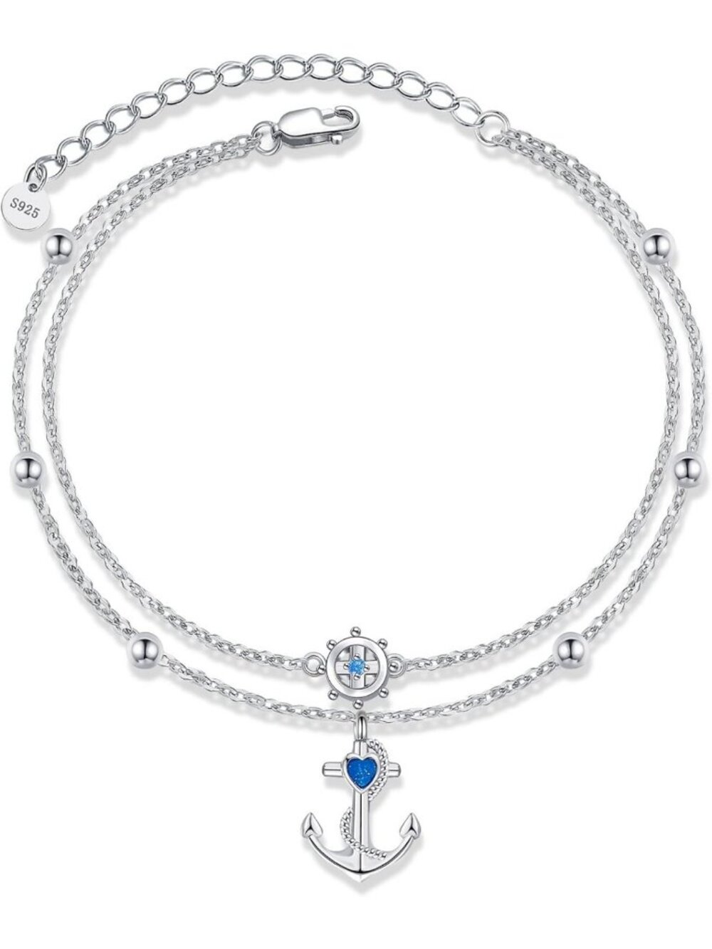 Nautical Layered Anchor & Ship Wheel Bracelet - 925 Sterling Silver Jewelry Gift